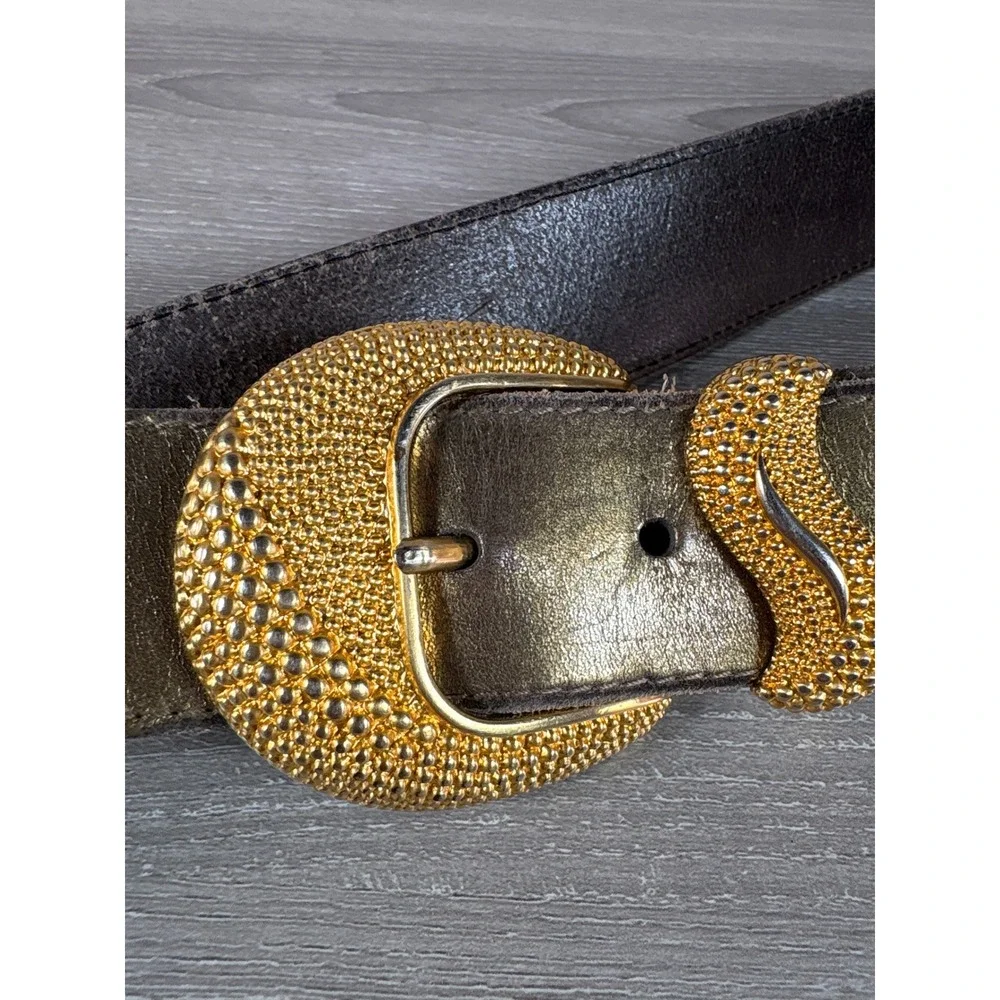 Tony Barcelo Metallic Bronze Leather‎ Belt Gold Stippled Buckle Made in Spain M